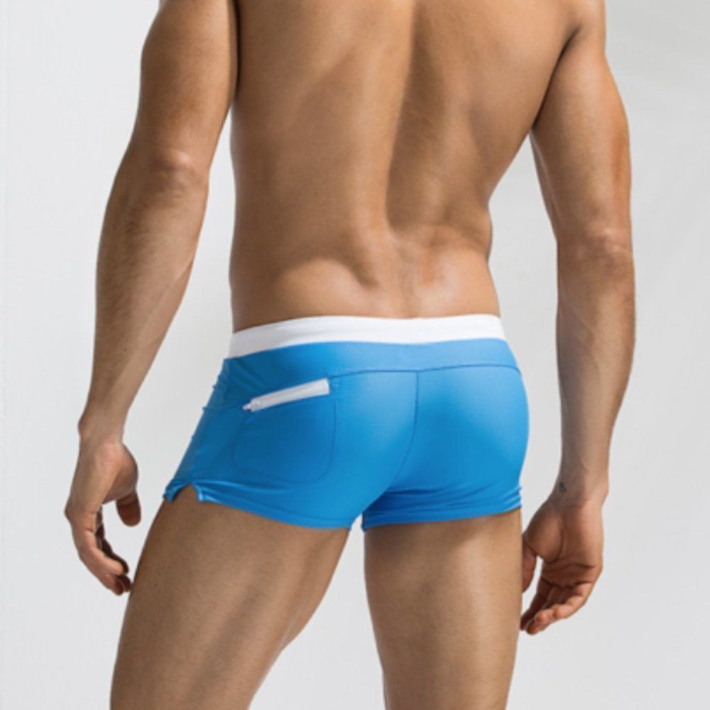 Men's Sexy Swim Trunks Zippered Back Pocket Pool Beach Blue M waist 25"-27"